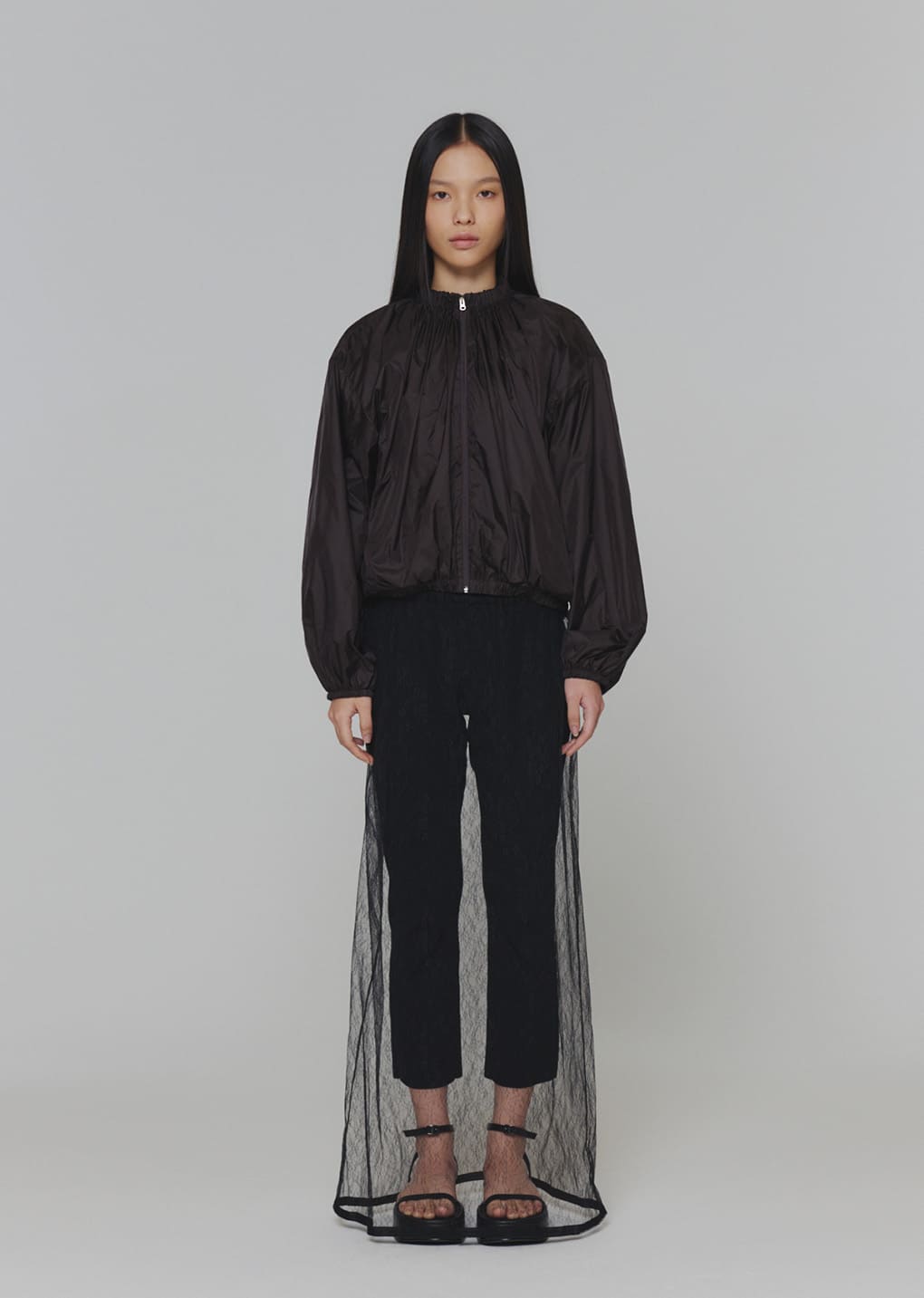 sheer lace long skirt, black