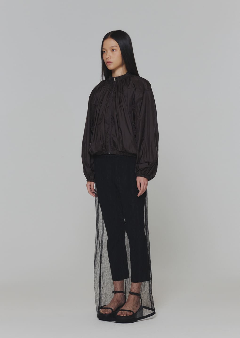 sheer lace long skirt, black