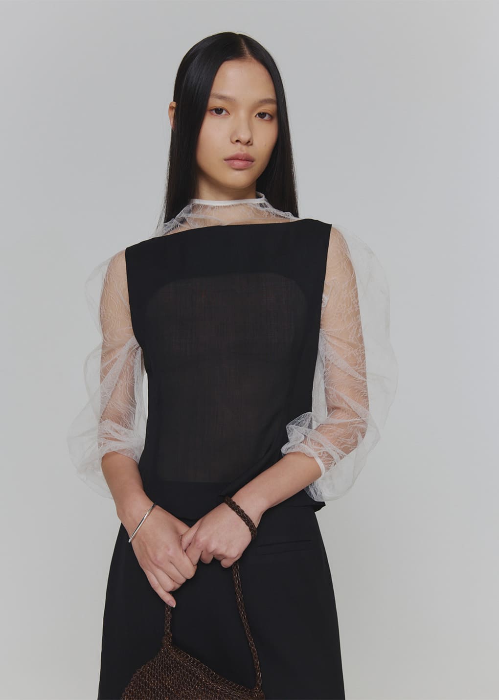 sheer lace mock neck top, white