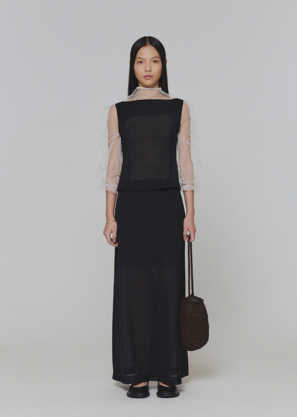 sheer maxi long skirt, black