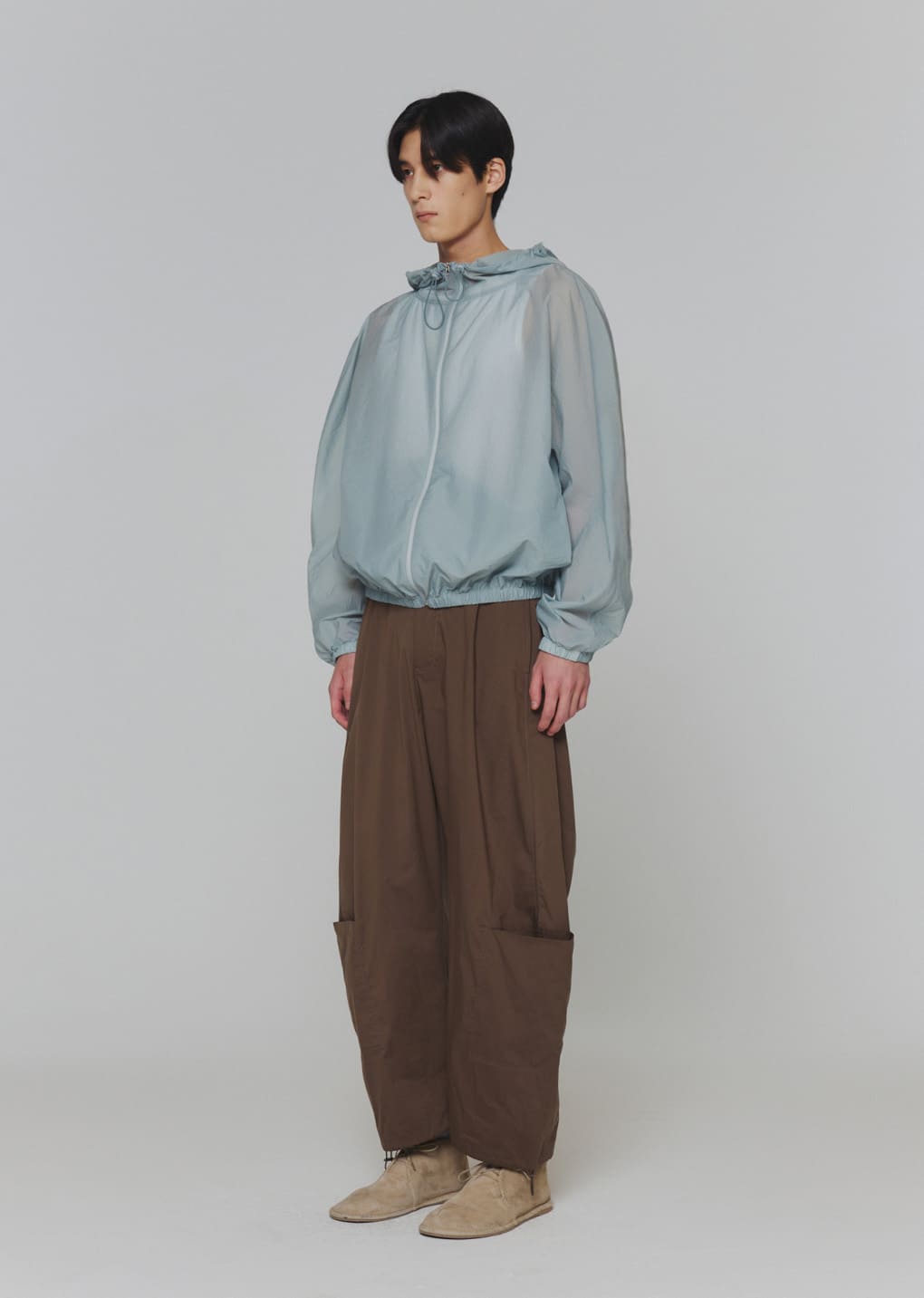 sheer nylon raglan hooded jumper, blue