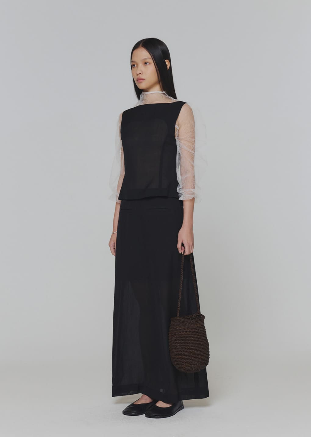sheer scoop neck two way vest, black