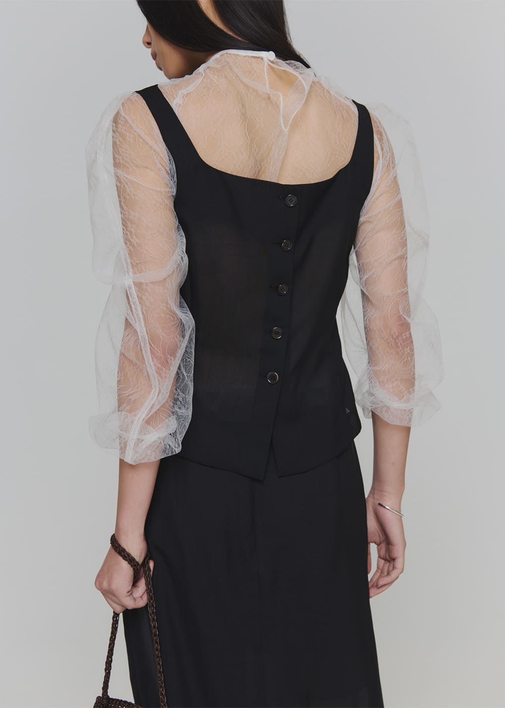 sheer scoop neck two way vest, black