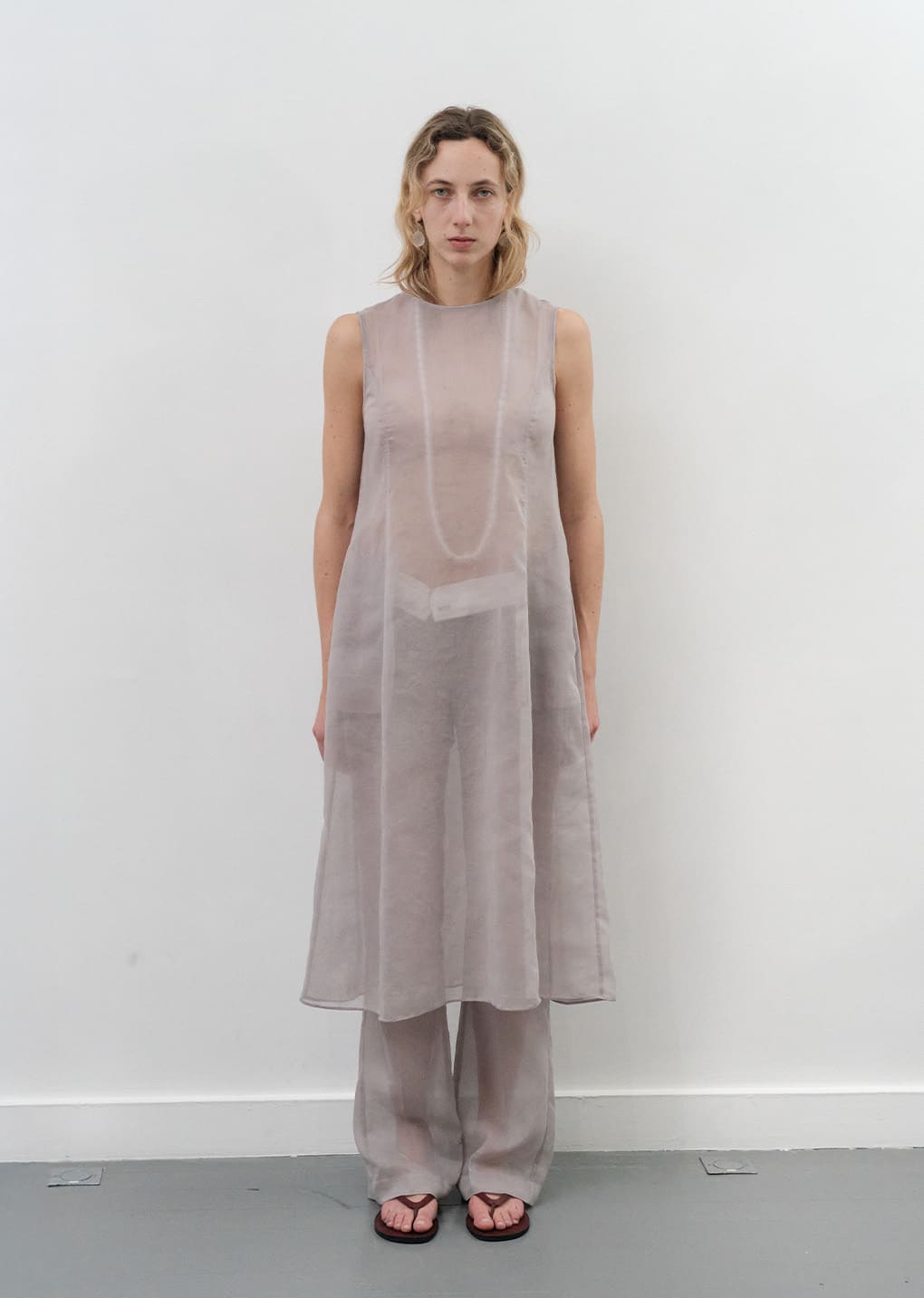 sheer straight fit pants, grey hover