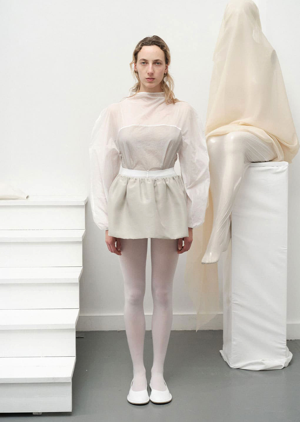 shirring organza belt skirt, beige