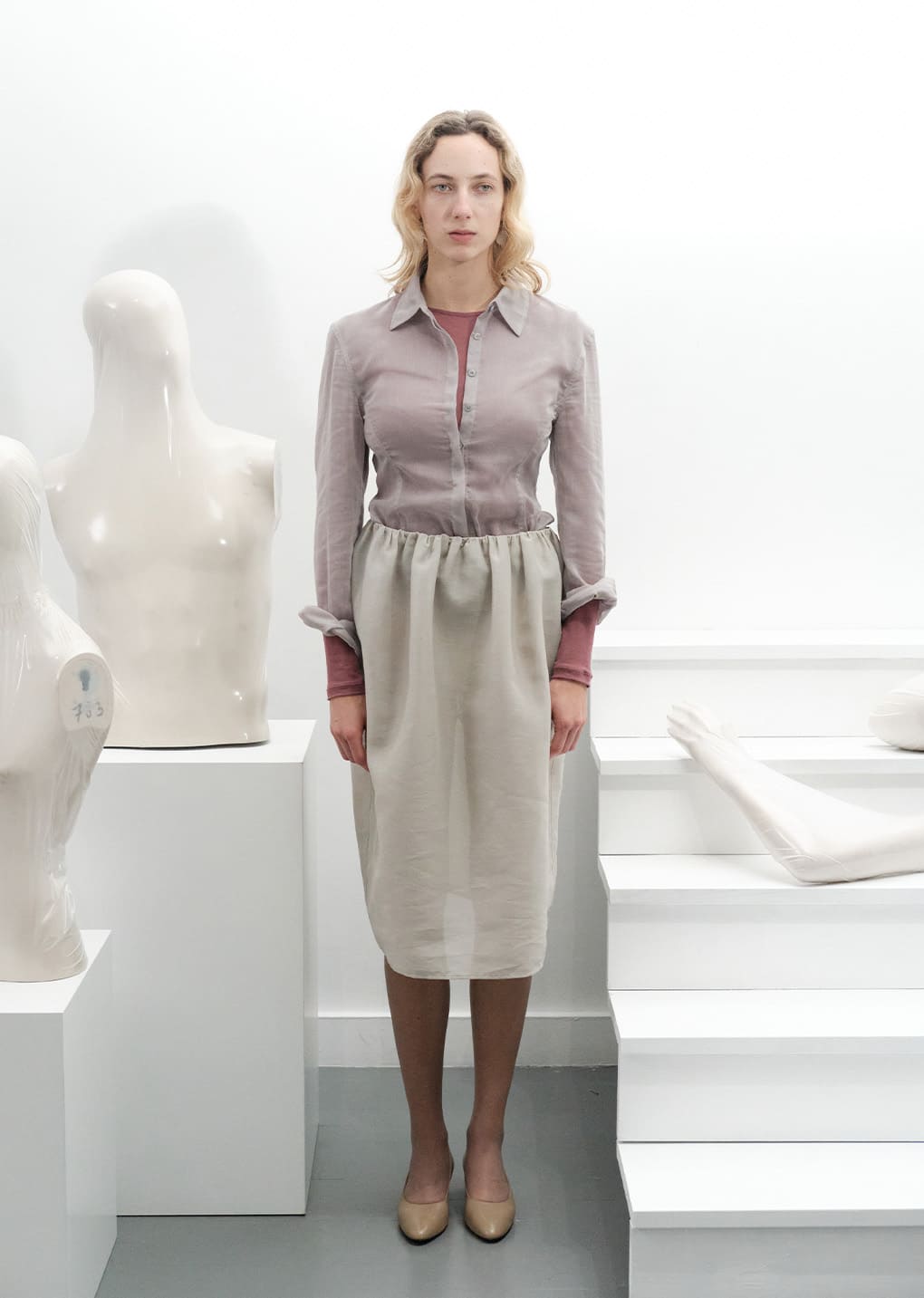 shirring organza skirt, beige hover