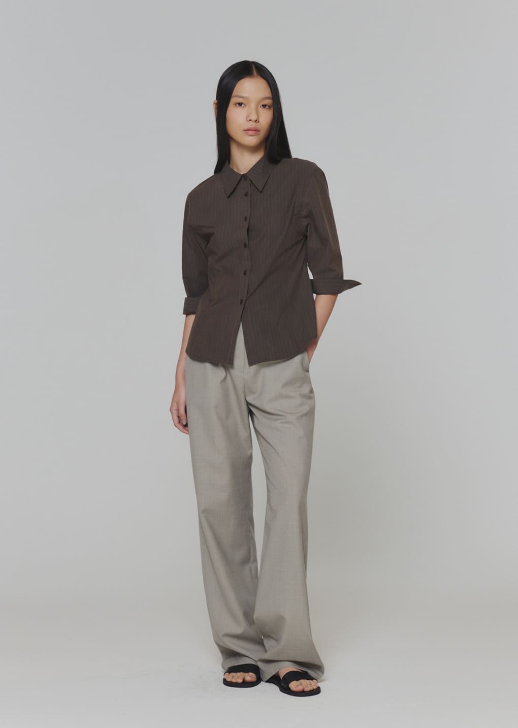 stripe half sleeve shirts, brown