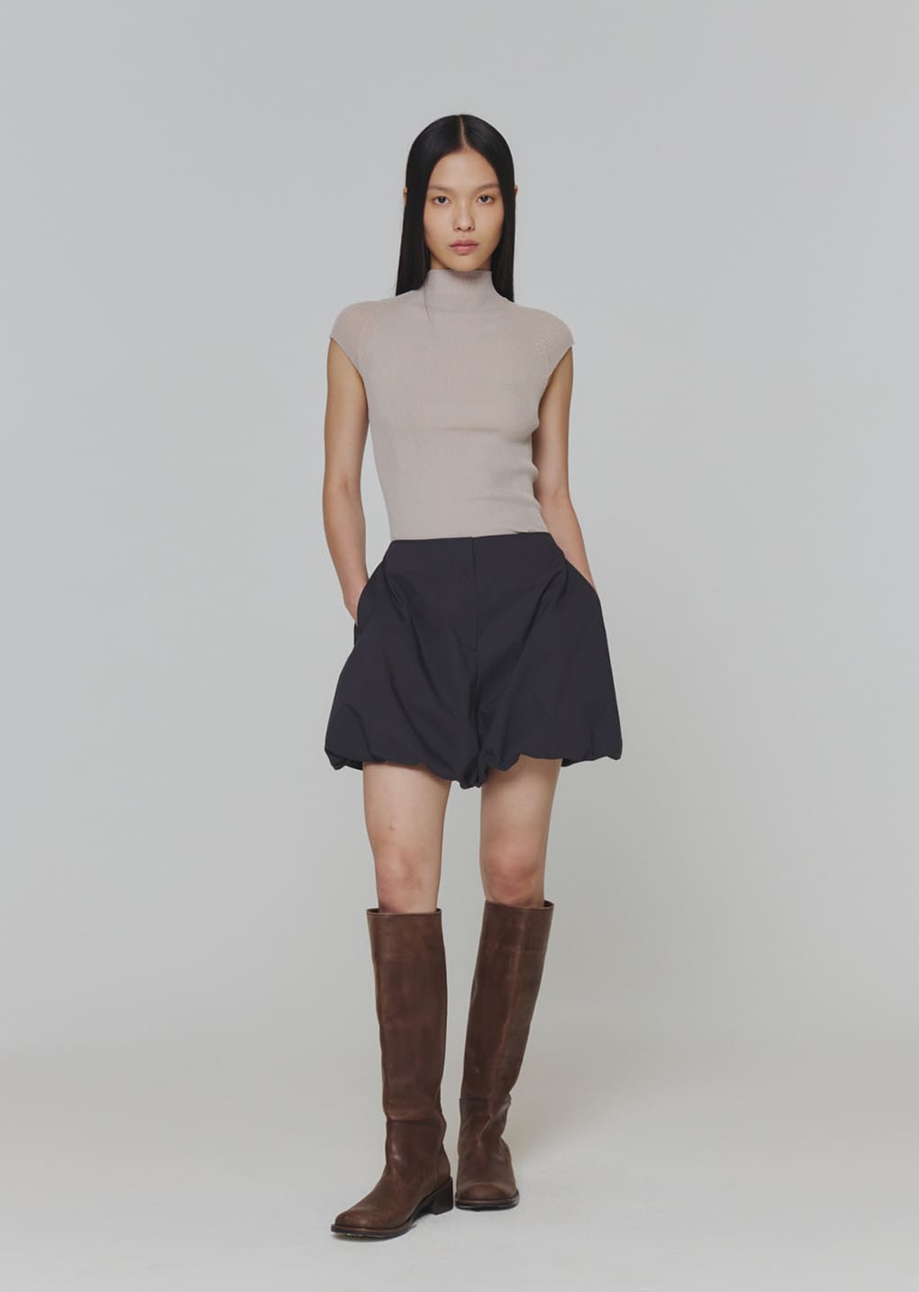 wholegarment cap sleeve knit top, grey