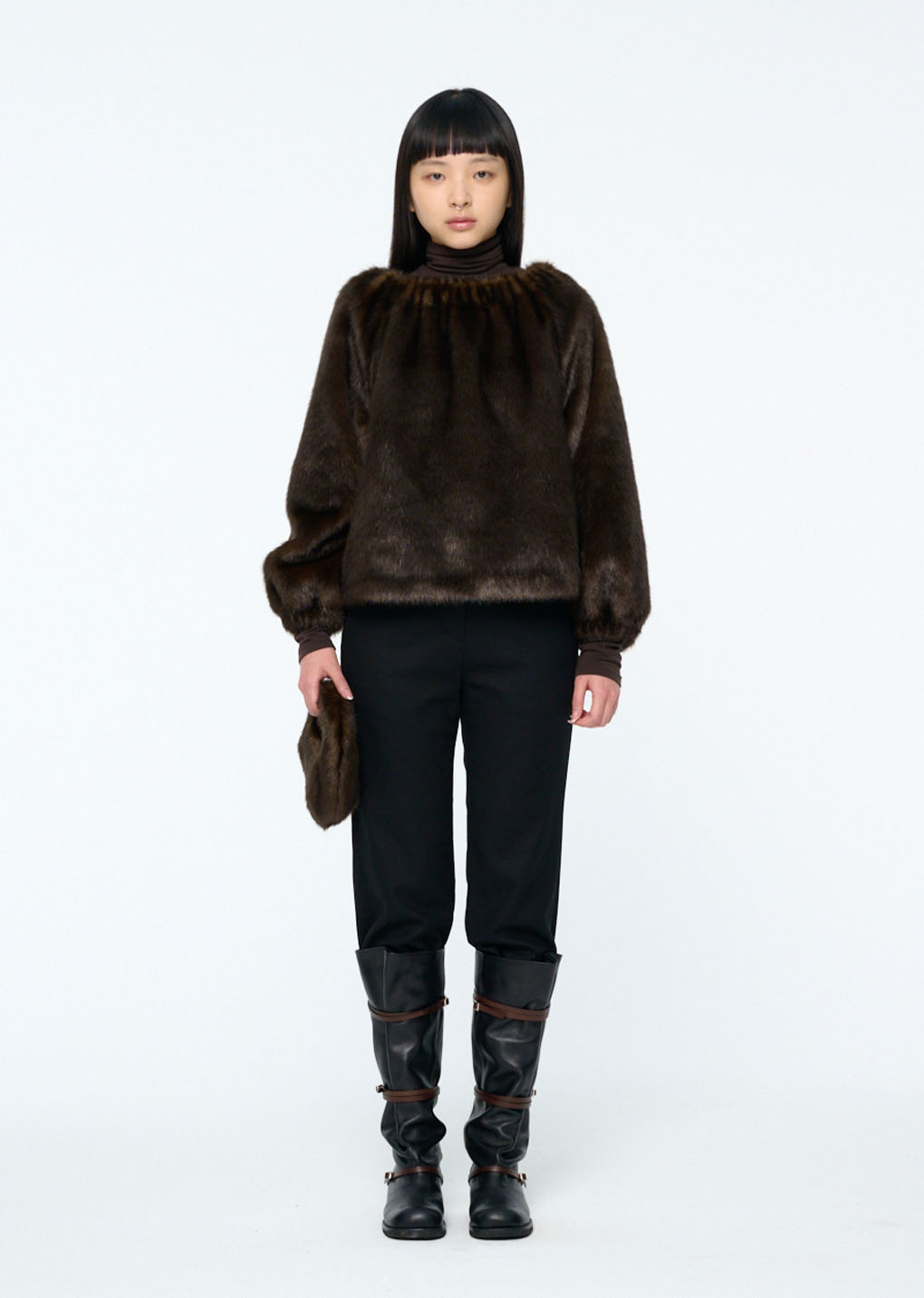 shearing off shoulder top, dark brown