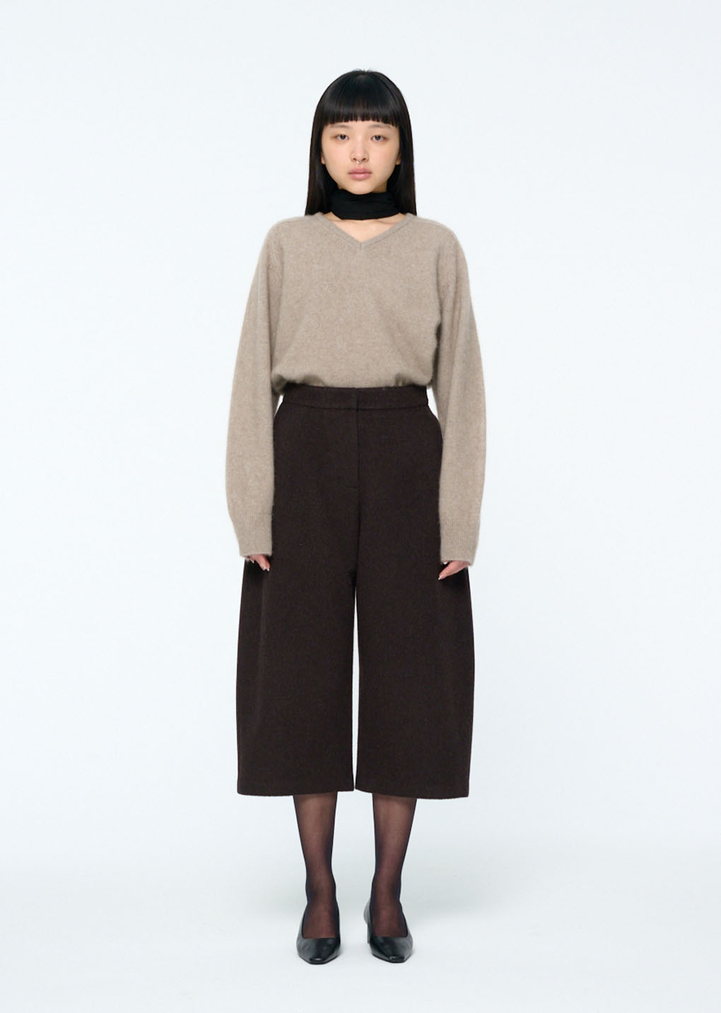 curved culotte pants, dark brown hover
