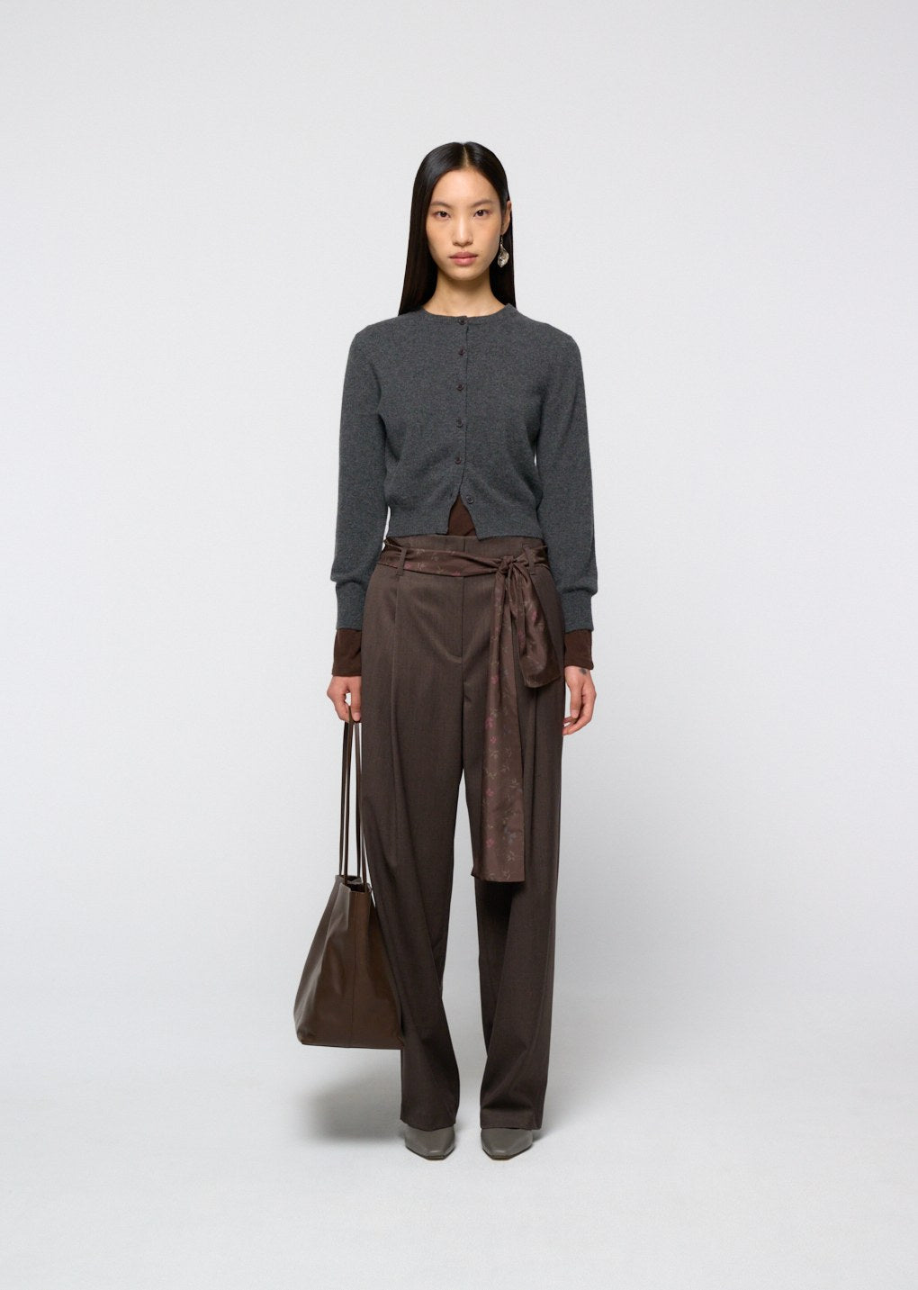 cashmere crewneck cardigan, melange grey hover