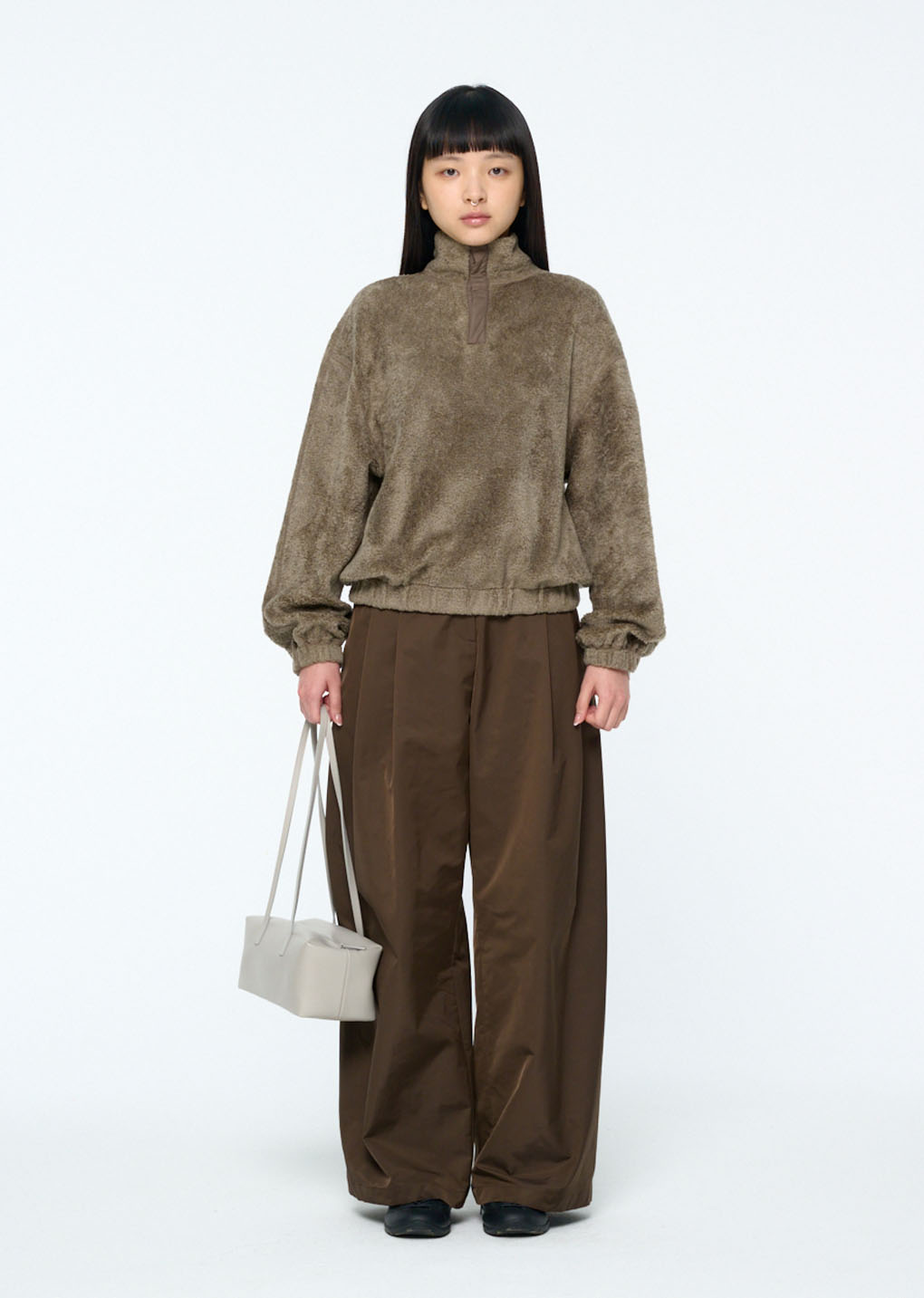 fluffy oversized half neck pullover, khaki hover