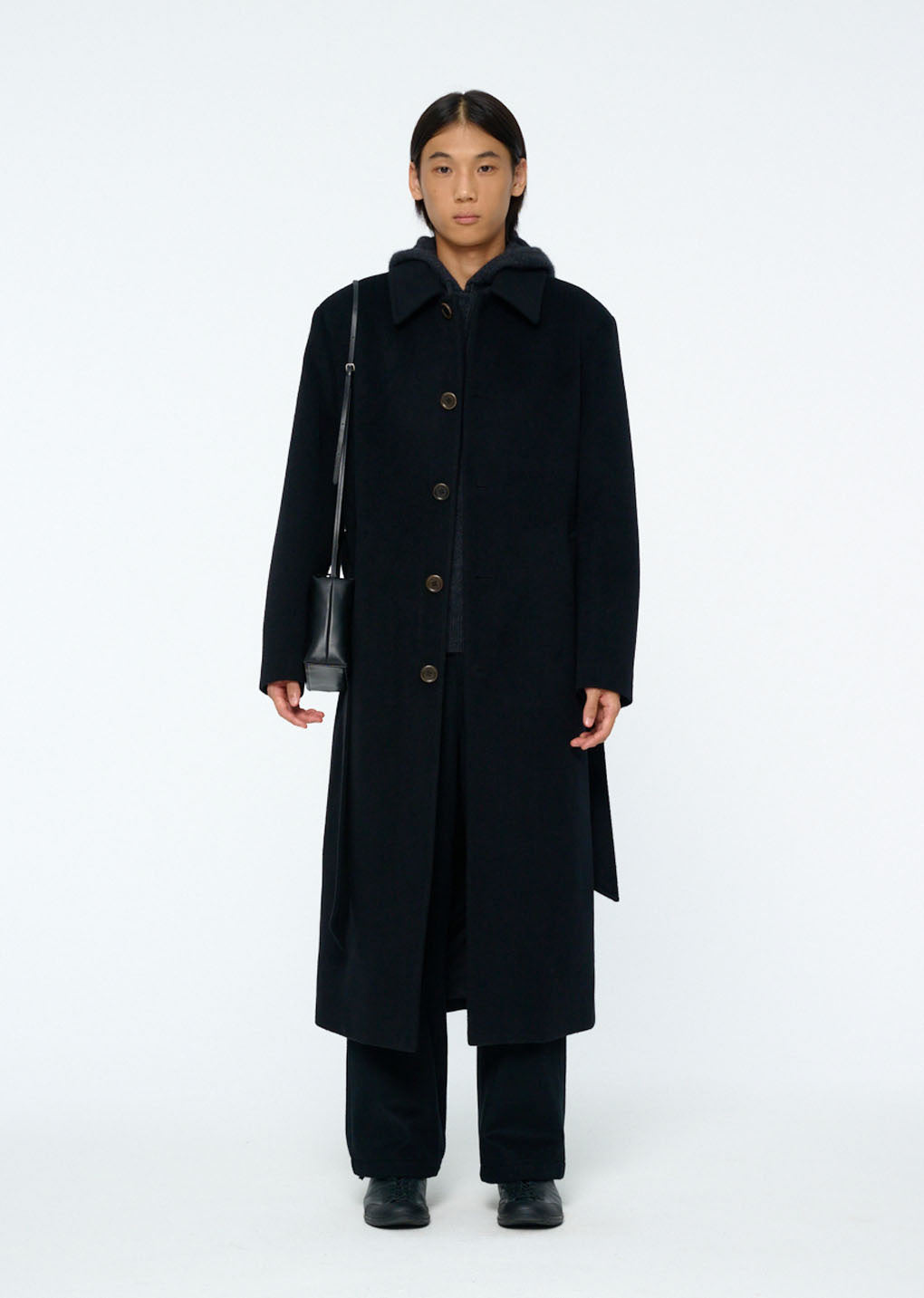 mens single breasted long coat, black hover