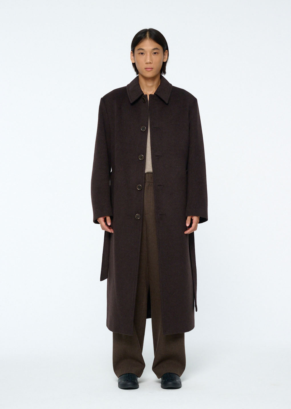 mens single breasted long coat, dark brown hover