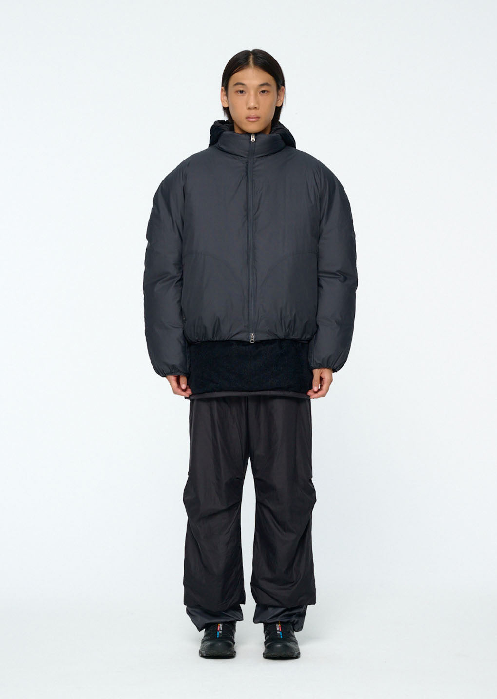 nylon padded straight pants, black hover