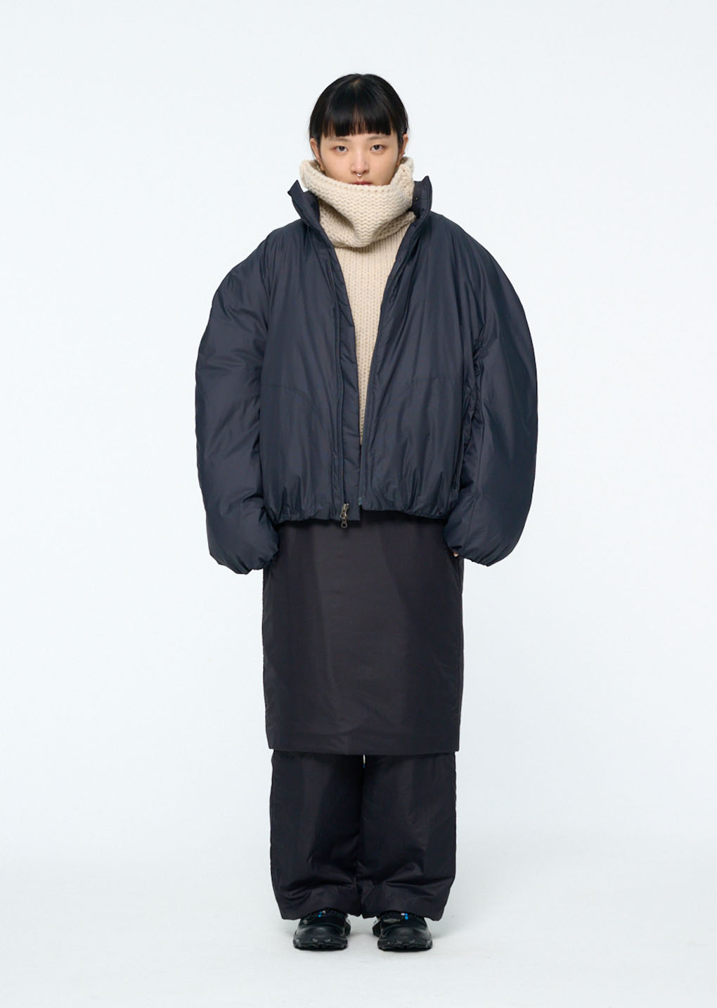 nylon reversible goose down puffer, charcoal hover