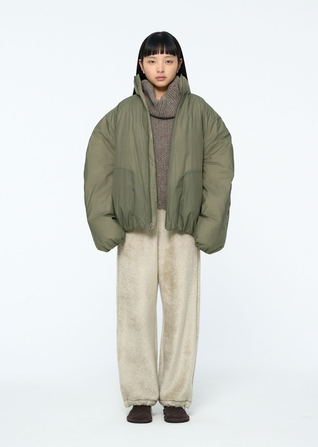 nylon reversible goose down puffer, khaki hover