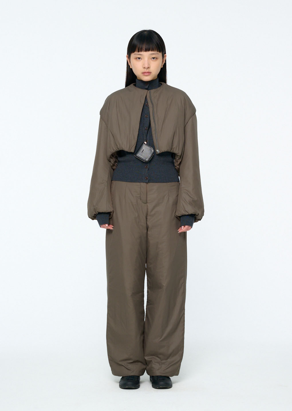 padded nylon crop jumper, brown hover