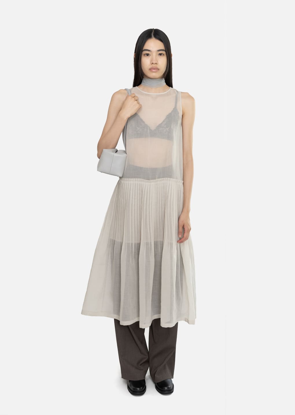 pleated sleeveless dress, beige hover