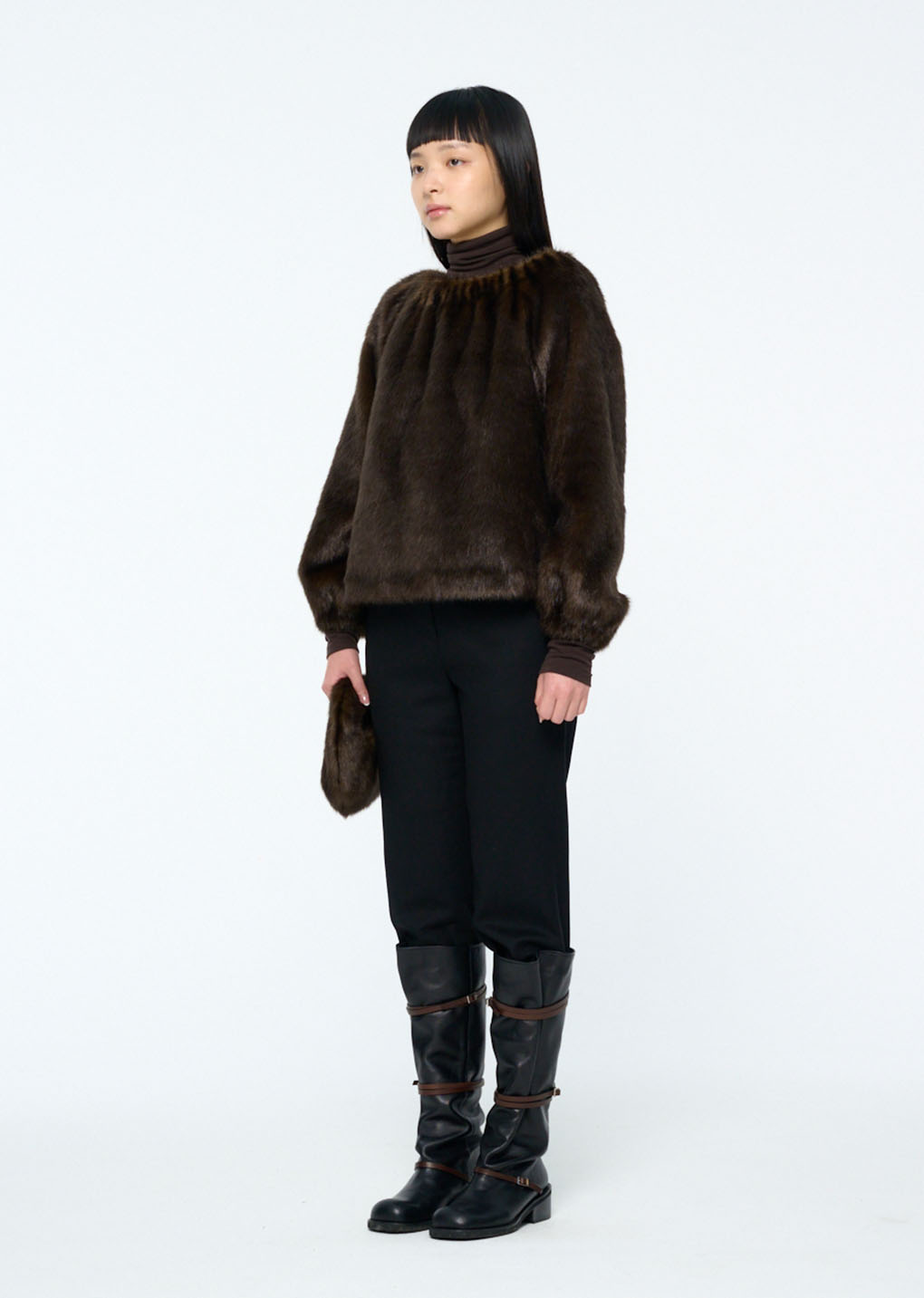 shearing off shoulder top, dark brown hover